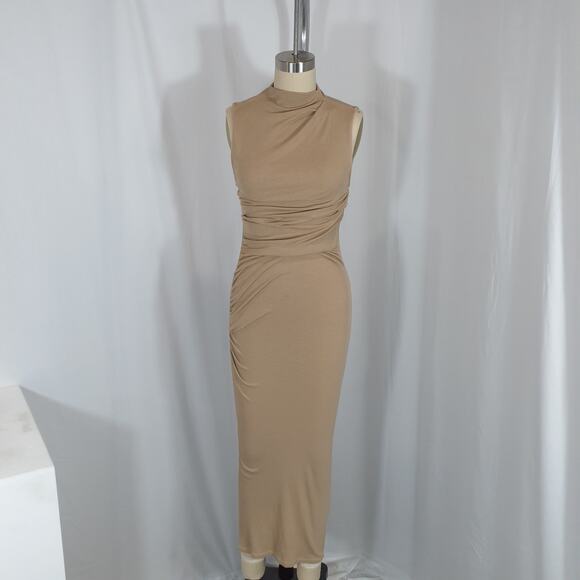 Enza Costa 'Silk' Knit Sleeveless Twist Midi Tan Dress Size M - Picture 2 of 5